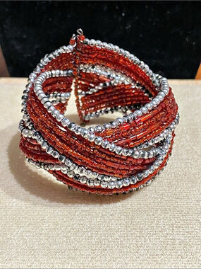 Red & Silver Seed Bead Wrap Bracelet